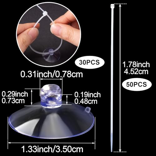 30 Pcs Aquarium Suction Cups with 50 Pcs Zip Ties, Suction Cup for Fish Tank Plants Binding Moss Shrimp Nest Landscape Fixation, Utility Sucker Pad Without Hooks for Kitchen Hanging(3.5cm)