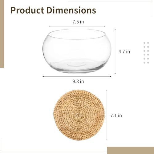 Lotus Bowl Planter with Rattan Mat, 10 in Clear Glass Hydroponic Bowl, Indoor Aquatic Plant Terrarium for Lotus and Water Greens, Transparent Decorative Lotus Pot, Fish Tank