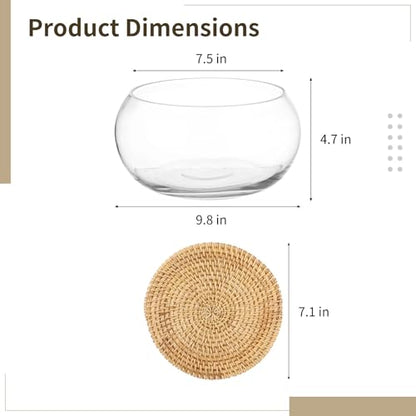 Lotus Bowl Planter with Rattan Mat, 10 in Clear Glass Hydroponic Bowl, Indoor Aquatic Plant Terrarium for Lotus and Water Greens, Transparent Decorative Lotus Pot, Fish Tank