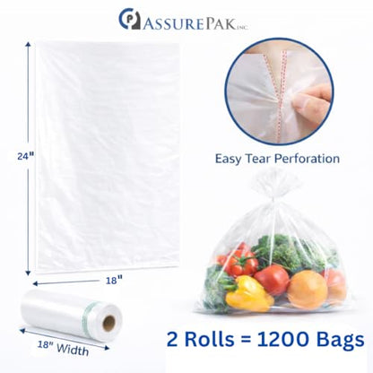 Retail Bags Direct Clear Produce Roll - 1200 Bags - 18"x24" – HDPE - 12 Microns - Natural Color - for Food Storage, Grocery Use, Small Business, Reusable Produce, Kitchen Supply, Packaging