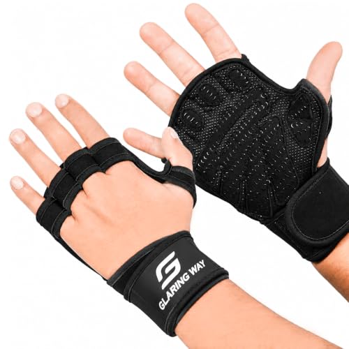 Gym Workout Gloves for Women and Men | Silicone grip fingerless, open back vents, neoprene, non-slip, palm, thumb protection for cross training, pull ups, cycling - color: Black, size: Large