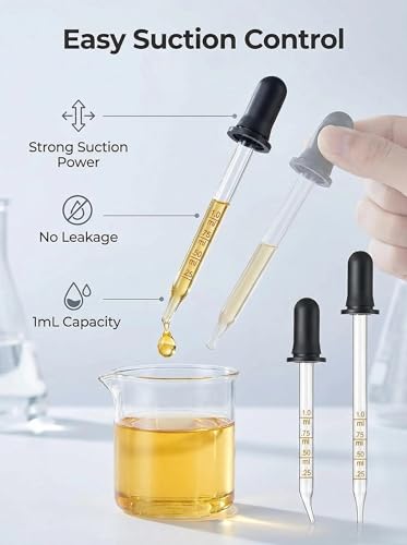 4-Pack 1mL Calibrated Glass Droppers with Measurement, Long & Short Bent & Straight Tips for Essential Oils, Lab, Feeding, Ear & Health Care