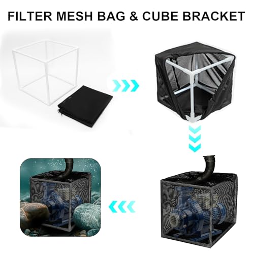 JarThenaAMCS 2Pcs Black Pump Barrier Bag Anti-Clogging 10 inch Pond Filter Box with Drawstring Outdoor Water Pump Cover 24"x 24" Mesh Pond Cube Bracket for Pond Biological Filter
