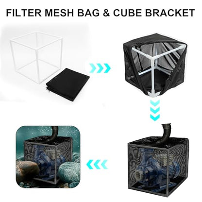 JarThenaAMCS 2Pcs Black Pump Barrier Bag Anti-Clogging 10 inch Pond Filter Box with Drawstring Outdoor Water Pump Cover 24"x 24" Mesh Pond Cube Bracket for Pond Biological Filter