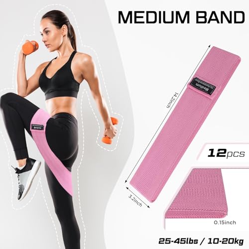 12 Pcs Fabric Resistance Bands for Working Out Non-Slip Booty Exercise Loop Bands for Women Men Glutes Hip Thigh Butt Yoga Pilates Fitness Gym, Light Medium Heavy - color: Pink, style: Medium Resistance
