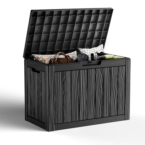 45 Gallon Outdoor Storage Box, Weather Resistant & Waterproof Resin Deck Box with UV Protection, Rattan Black Patio Storage Cabinet for Garden, Patio, Porch, Poolside(Black) - color: Black, size: 45 Gallon