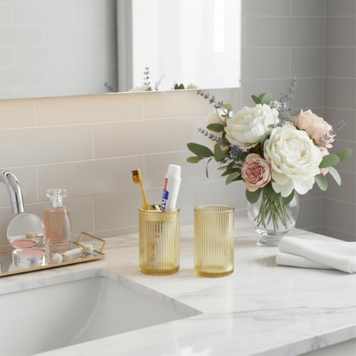 Toothbrush Holders for Bathrooms, 2pcs Amber Glass Toothbrush Holder, Bathroom Toothbrush Cup and Toothpaste Holder with Gold Divider, Tooth Brush and Toothpaste Organizer for Countertop - color: Amber Gold
