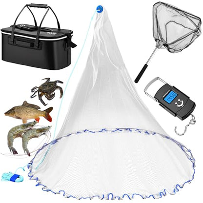 Set of 4 Saltwater Fishing Cast Net, Foldable Fish Bucket, Folding Fishing Landing Net, and 110lb Digital Scale, 6 Gallon Live Fish Bait Bucket - color: Black, size: 6ft