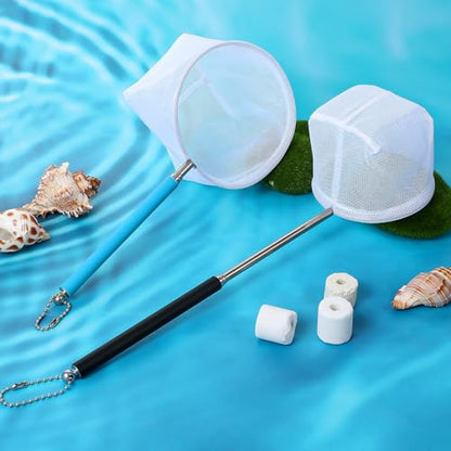 2 Pack Fish Net for Fish Tank, 3 & 4 Inch Stainless Steel Fishes Nets for Aquarium Gentle Nets Soft Fine Mesh Food Wastes Skimmer for Small Ponds and Pools