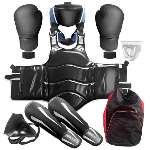 Taekwondo Boxing Gear Set, Karate Sparring Gear Set Height Youth or Adults, Martial Arts Shin Guards/Chest Rib/Headgear/Mouthguards Guards Protective Gear Set - color: Black, size: 59”-67“