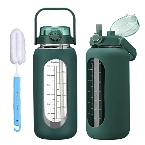 chunmo 42oz/52oz/64oz Glass Water Bolttles with Straw Half Gallon Large Motivational Water Bottle with Time Marker Sports Water Bottles with Silicone Sleeve and Handle Lid Water Jug for Gym Workout - color: Dark Green, size: 42 Ounces