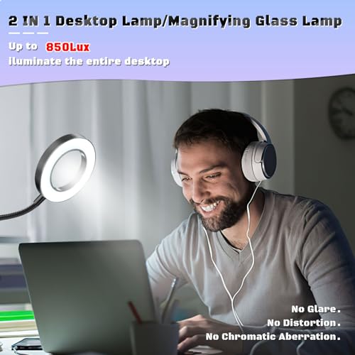 10X Magnifying Glass with Light, Clip on Mganifier with Light, 48 LED Desk Magnifying Glass wtih Clamp, 3 Modes Dimmable Magnifying LED Lamps for Bed Work Crafts DIY B