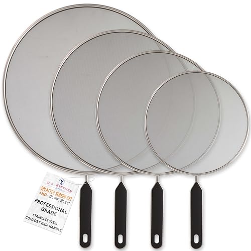 U.S. Kitchen Supply 4-Piece Stainless Steel Splatter Guard Set (13", 11.5", 10",8”) Fine Mesh Cover, Grease & Oil, Splatter Screen for Frying Pan, Cooking Pots, with Comfort Grip Handles