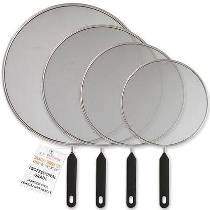 U.S. Kitchen Supply 4-Piece Stainless Steel Splatter Guard Set (13", 11.5", 10",8”) Fine Mesh Cover, Grease & Oil, Splatter Screen for Frying Pan, Cooking Pots, with Comfort Grip Handles