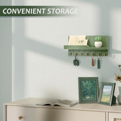 Rebee Vision Key Holder Wall Mount with Shelf &7 Hooks for Entryway, Green - color: Green, size: 15 inches