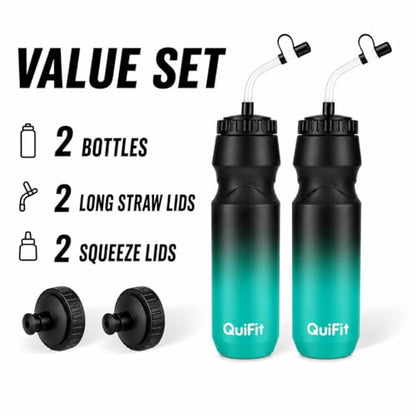 Lacrosse Water Bottle with Long Straw -32oz Hockey Water Bottle 2 Pack | 2 Lids Each- BPA Free Squeeze Sports Water Bottles, Leakproof Dishwasher Safe- for Helmet,Lacrosse (Black Blue+Black White) - color: Black Blue+Black White