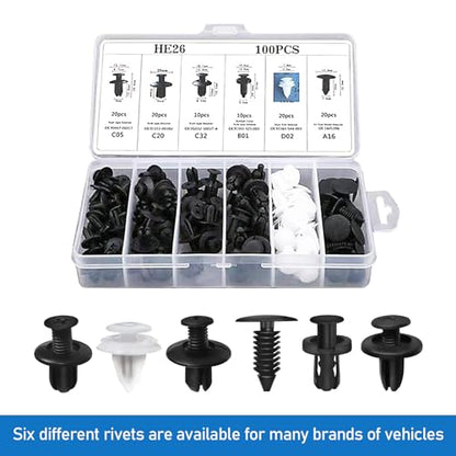 100 PCS Car Buckle Combination Set, PA66 Injection Molded Bumper Push Fastener Rivet Clamp Expansion Screw, Universal Fastening Screw Replacement Kit, Suitable for Most Models (Black & White)