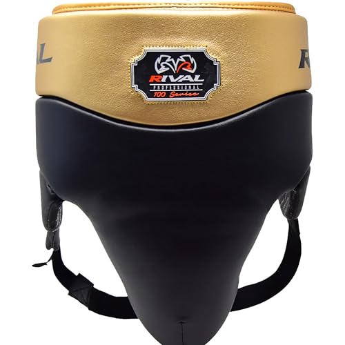 RIVAL Boxing RNFL100 Professional No-Foul Groin Protector with Laces, Dual Waist Straps, Ultra-Lightweight Construction, and Super-Rich Microfibre PU - color: Black/Gold, size: Large