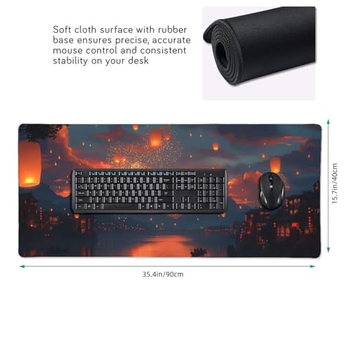 XXL Gaming Mouse Pad 35.4 x 15.7 Inch, Large Desk Mousepad with Moonlit Asian Landscape Design, Water-Resistant Surface, Stitched Edges, Non-Slip Rubber Base Desk Mat - color: Moonlit Asian Landscape