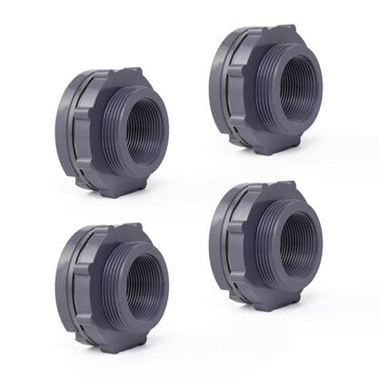 ChillWaves PVC Bulkhead Fitting 1-1/2" Double Thread Connector Adapter for Water Tank, Aquariums, Rain barrels(4-PACK)