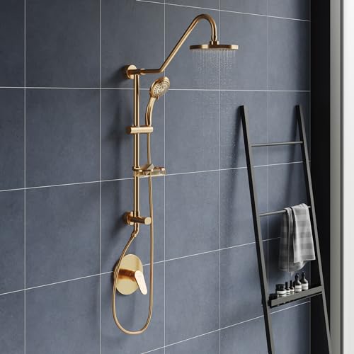 PULSE ShowerSpas Kauai III Brushed Gold Rain Shower Head with Handheld Spray - 2.5 GPM, 8" Showerhead, 5-Function HandShower, Adjustable Slide Bar - Shower Heads with Handheld Spray Combo - size: 2.5 Gallon Per Minute, style: Brushed Gold