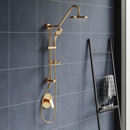 PULSE ShowerSpas Kauai III Brushed Gold Rain Shower Head with Handheld Spray - 2.5 GPM, 8" Showerhead, 5-Function HandShower, Adjustable Slide Bar - Shower Heads with Handheld Spray Combo - size: 2.5 Gallon Per Minute, style: Brushed Gold