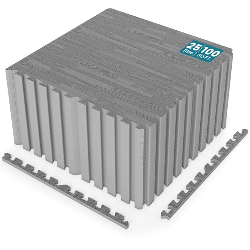 Happygrill Interlocking Wood Grain EVA Foam Floor Tiles, 100 Sq. Ft, 25 PCS - color: Grey, size: 100 Sq. Ft.