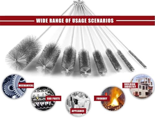 Pipe Cleaning Brush Set Stainless Steel Bristles, Stainless Steel Pipe Brush Steel Bottle Brush 9 Piece Variety Pack for Auto Parts, Bottles, Tubes, Etc. - size: 8 Inch