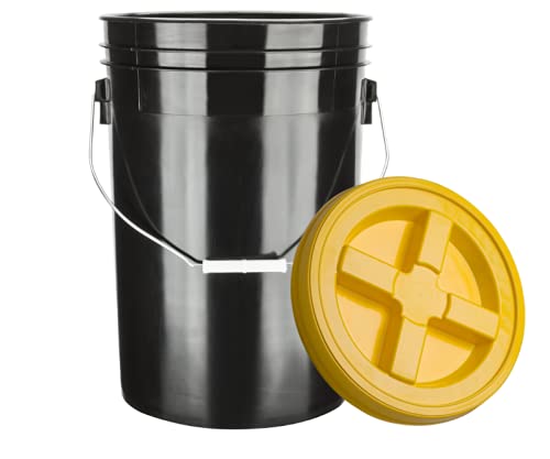 Large 6 Gallon Food Grade BPA Free Made in USA Plastic Bucket Pail with Yellow Screw On Double Gasket Air Tight Lid (Pack of 2)