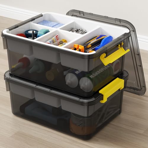 40Qt Stackable Storage Bins with Lids & Trays, Clear Plastic Latching Boxes Organizers with Dividers Portable 10Gal Containers for Arts & Crafts, Home & Car Trunk Organization, Grey, 2Pack - color: Clear Grey, size: 20QT-2Pack