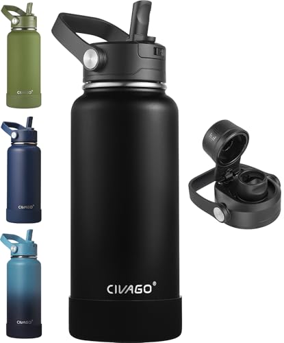 CIVAGO 32 oz Insulated Stainless Steel Water Bottle with Removable Straw | Large Leakproof Metal Water Jug, Sports Thermal Flask Cup with Bucket Handle, Silicone Boot, Dishwasher Safe, BPA-Free, Black - color: Black, size: 32 Ounces