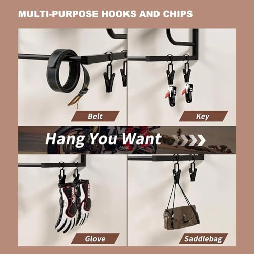 Motorcycle Helmet Holder Wall Mounted, Helmet Wall Mount with 4 Hat Stands and 4 Hooks, Motorcycle Gear Rack for Most of Helmet and Clothes, Motorcycle Accessories Gear Storage for Men