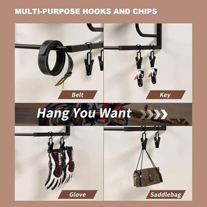 Motorcycle Helmet Holder Wall Mounted, Helmet Wall Mount with 4 Hat Stands and 4 Hooks, Motorcycle Gear Rack for Most of Helmet and Clothes, Motorcycle Accessories Gear Storage for Men