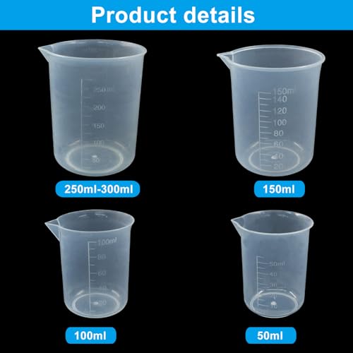 Waziaqoc 4 Pack Plastic Graduated Beaker, 50ml/100ml,/150ml/300ml Transparent PP Measuring Cup Mixing Cup for Kitchen Lab