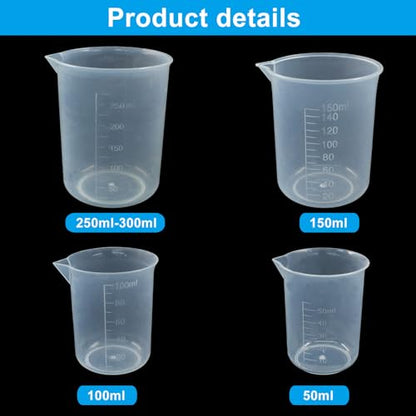 Waziaqoc 4 Pack Plastic Graduated Beaker, 50ml/100ml,/150ml/300ml Transparent PP Measuring Cup Mixing Cup for Kitchen Lab