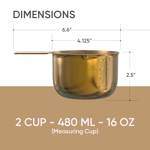 2 Cup Measuring Cup (480ml, 16oz) – Gold Stainless Steel Measure Scoop with Easy-Pour Spouts, Flat Base, by Color Up - size: 2 Cup (480 ml) Gold