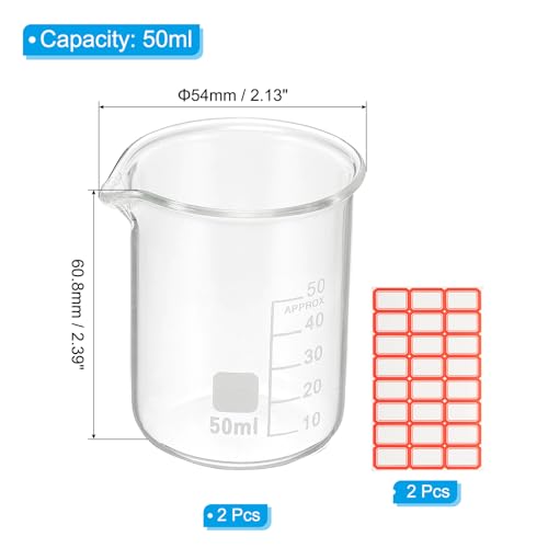 PATIKIL 50ml Glass Beaker, 2 Pack Measuring Glass Beaker Graduated Borosilicate Lab Cups Mug Low Form Heat Safe Transparent with Spout Label for Laboratory Science Kitchen Liquids - size: 50ml