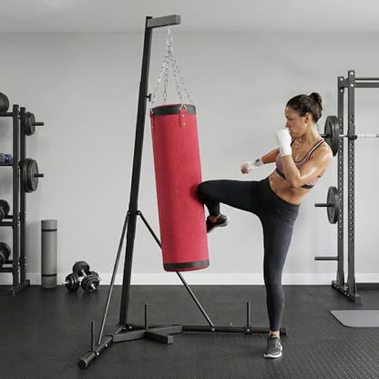 Soozier Punching Bag with Stand for Adults 72.8" 90.9" | Freestanding Boxing Stand, Canvas Sandbag, Stable Triangular Base, 1" Weight Plate Storage, Home Gym MMA, Height Adjustable