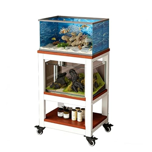 3-Tier Rolling Aquarium Stand with Enclosed Display Shelf & Storage - Heavy-Duty Fish Tank Holder for Small/Medium Tanks Mobile Cart with Lockable Wheels for Home, Office, or Hobby Rooms(Teak,81x30x103cm/32x12x41") - color: Teak, size: 81x30x103cm/32x12x4