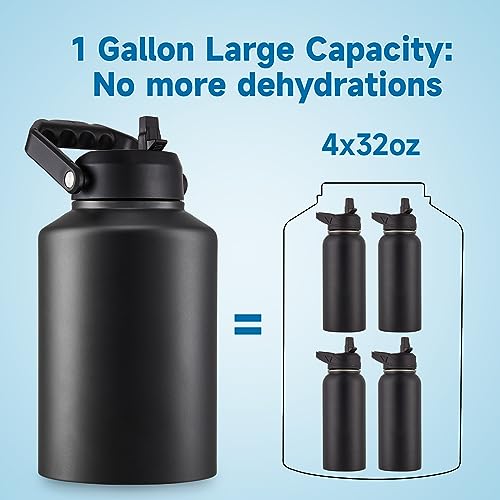 EALGRO Gallon Insulated Water Bottle Jug with Straw, 128 oz Large Stainless Steel Sports Metal Water Canteen With Handle, Thermal Water Cup Mug with 2 Lids, Army Green