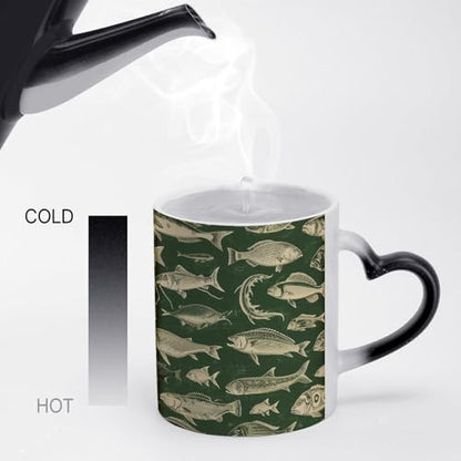 Retro Fish Color Changing Mug Heat Sensitive Coffee Mug Magical Ceramic Coffee Cup Personalized Tea Cup Message Appears As It Heats Novelty Gift for Family Friend