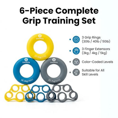 Complete Forearm, Hand & Finger Strengthener Set, Grips & Rings | Three resistance levels, flexor/extensor training, durable silicone finger exerciser
