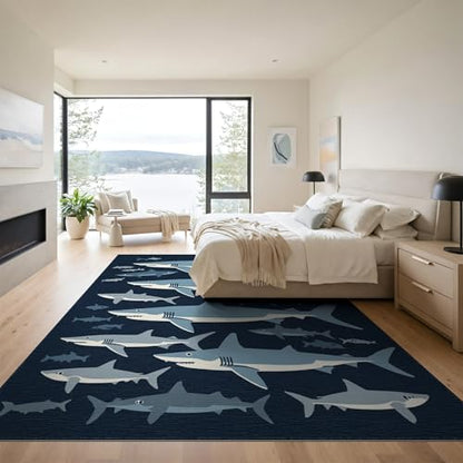 9'x12' Washable Graphic Fish Oversized Rug, Blue Non-Shedding Pet Friendly Carpet for Master Suite, California King, Under Bed, Foldable Easy Care Mat | Ref:2070230