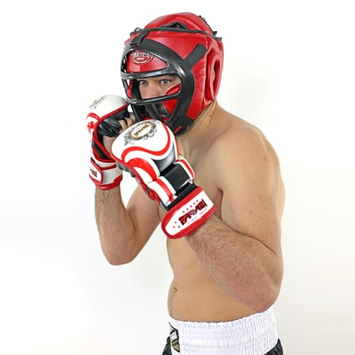 Farabi Sports Boxing Headgear Grill Head Gear MMA Training Kickboxing Sparring Gear Removable Front Bar Grill - color: Red, size: Small