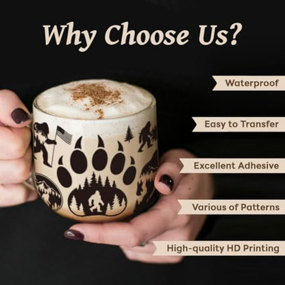 UV DTF Cup Wraps Transfer Stickers Bigfoot in Forest Pattern, 10 Sheets Waterproof Custom Vinyl Transfer Sticker 16oz Coffee Glass Cup Tumbler Bottle Mug Decals for Men Women - style: Bigfoot in Forest