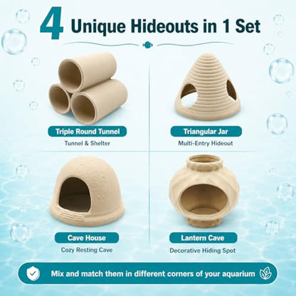 4PCS Betta Fish Tank Accessories, Fish Aquarium Decoration Hideout Caves for Fish Shrimp Crab to Breed, Rest and Play, No Paint, Natural Ceramics Triple Tunnel, Triangle Jar, Lantern & Cave House