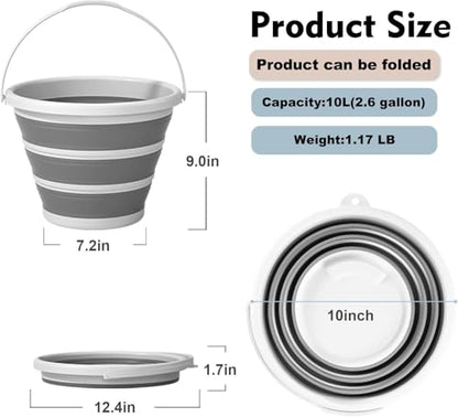 2.6 Gal (10L) Collapsible Bucket with Handle, Portable Cleaning Bucket for Car Wash, Camping, Gardening, Household Use - Space Saving Foldable Design