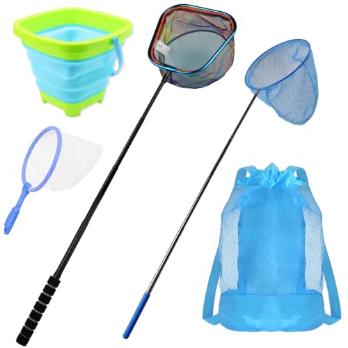 Kids Fishing Net Set – Telescopic Landing Net with Bucket, Small Butterfly & Bug Net, Storage Bag for Freshwater Lake Pond Garden Outdoor Activities - color: Blue