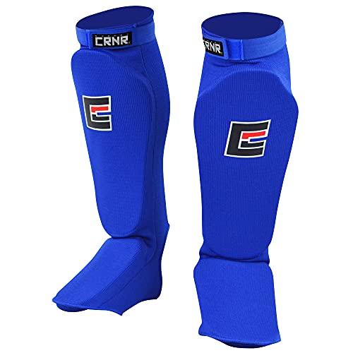 Slip On Elastic Muay Thai Shin Guards – Kickboxing, MMA Sparring and Training Protective Instep Shin Pads - color: Blue, size: Small-Medium