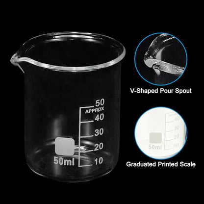 PATIKIL 50ml Glass Beaker, 2 Pack Measuring Glass Beaker Graduated Borosilicate Lab Cups Mug Low Form Heat Safe Transparent with Spout Label for Laboratory Science Kitchen Liquids - size: 50ml
